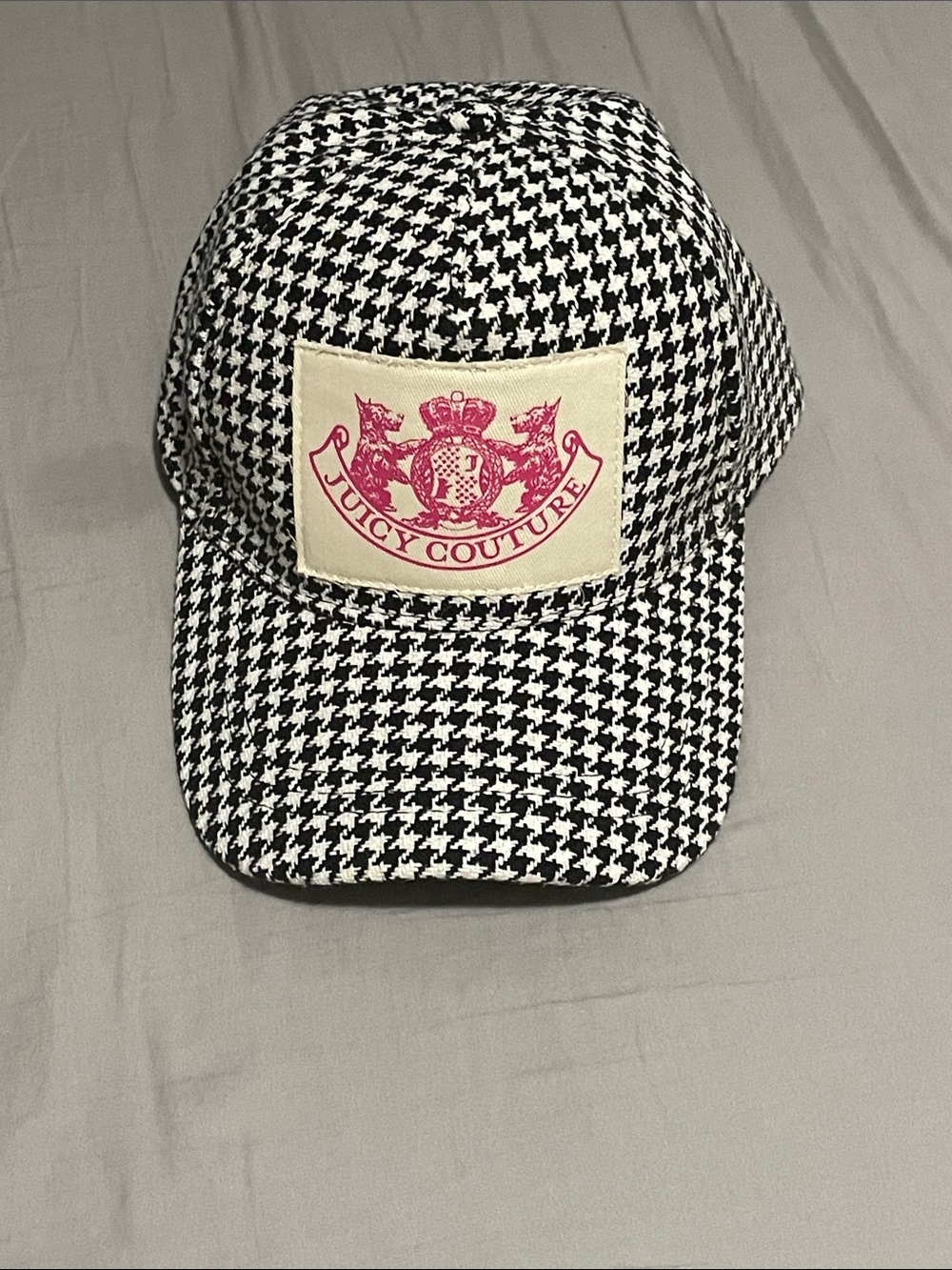 Juicy Couture Black & White Houndstooth Cap with Pink Crest Patch